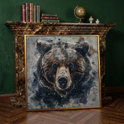 Grizzly Bear Portrait Canvas Print in antique gold floating frame