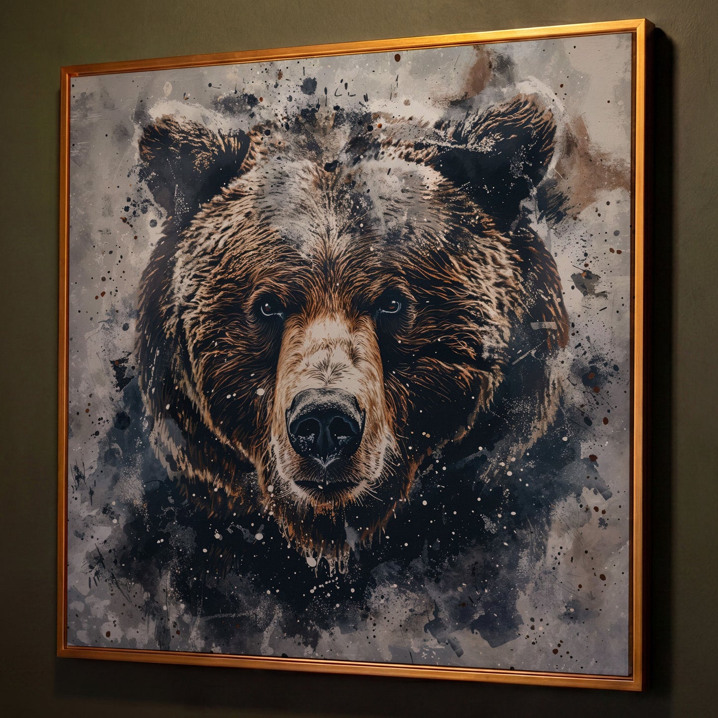 Grizzly Bear Portrait Canvas Print shown in antique gold floating frame