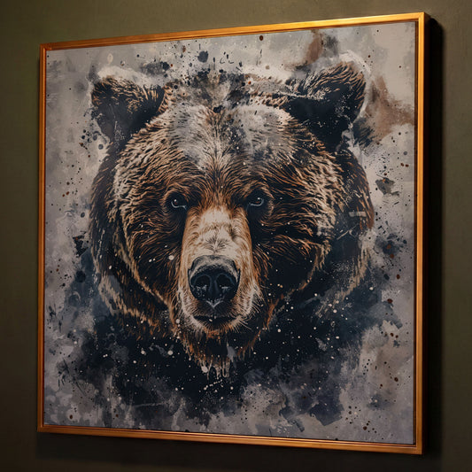 Grizzly Bear Portrait Canvas Print shown in antique gold floating frame
