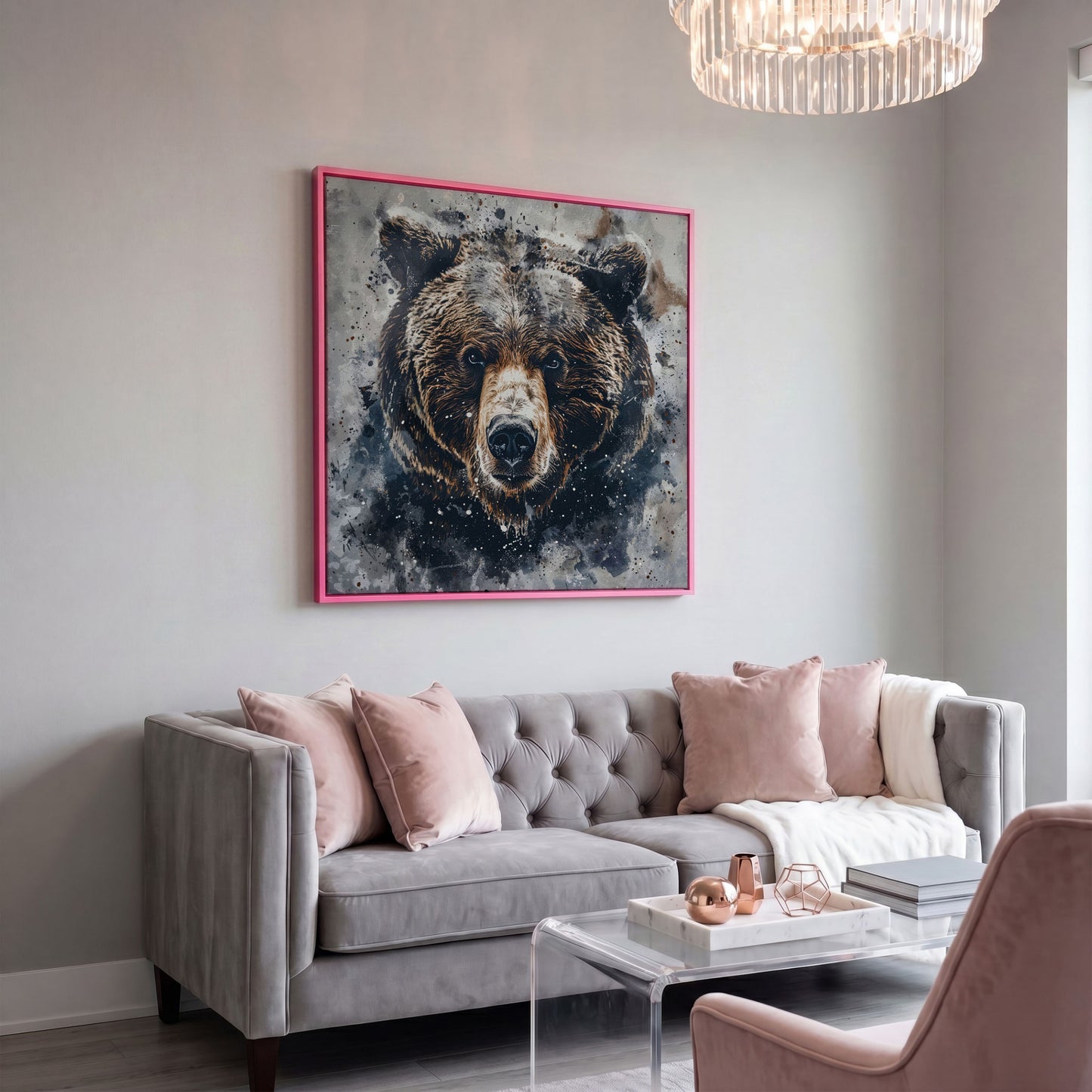 Grizzly Bear Portrait Canvas Print in pink floating frame