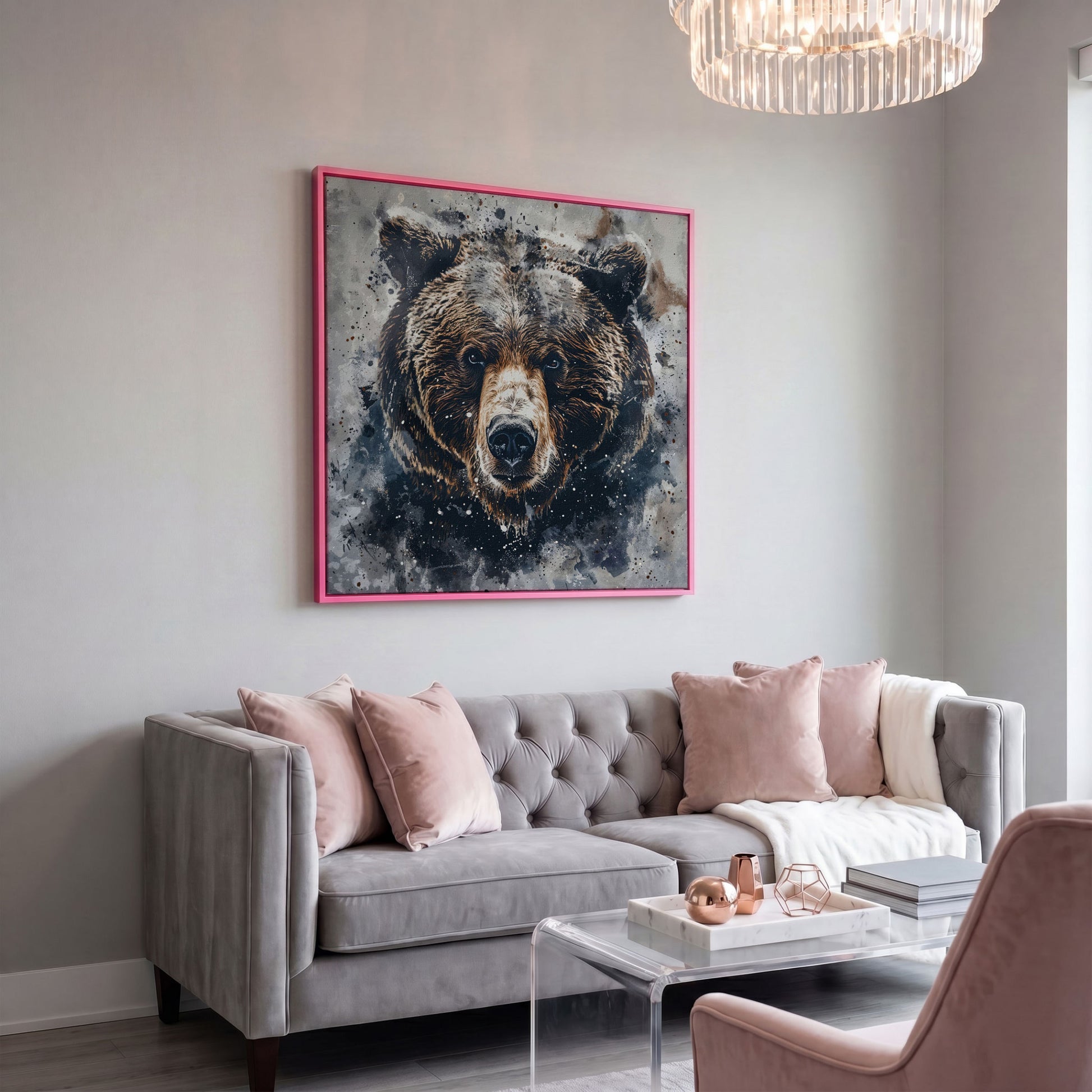 Grizzly Bear Portrait Canvas Print in pink floating frame