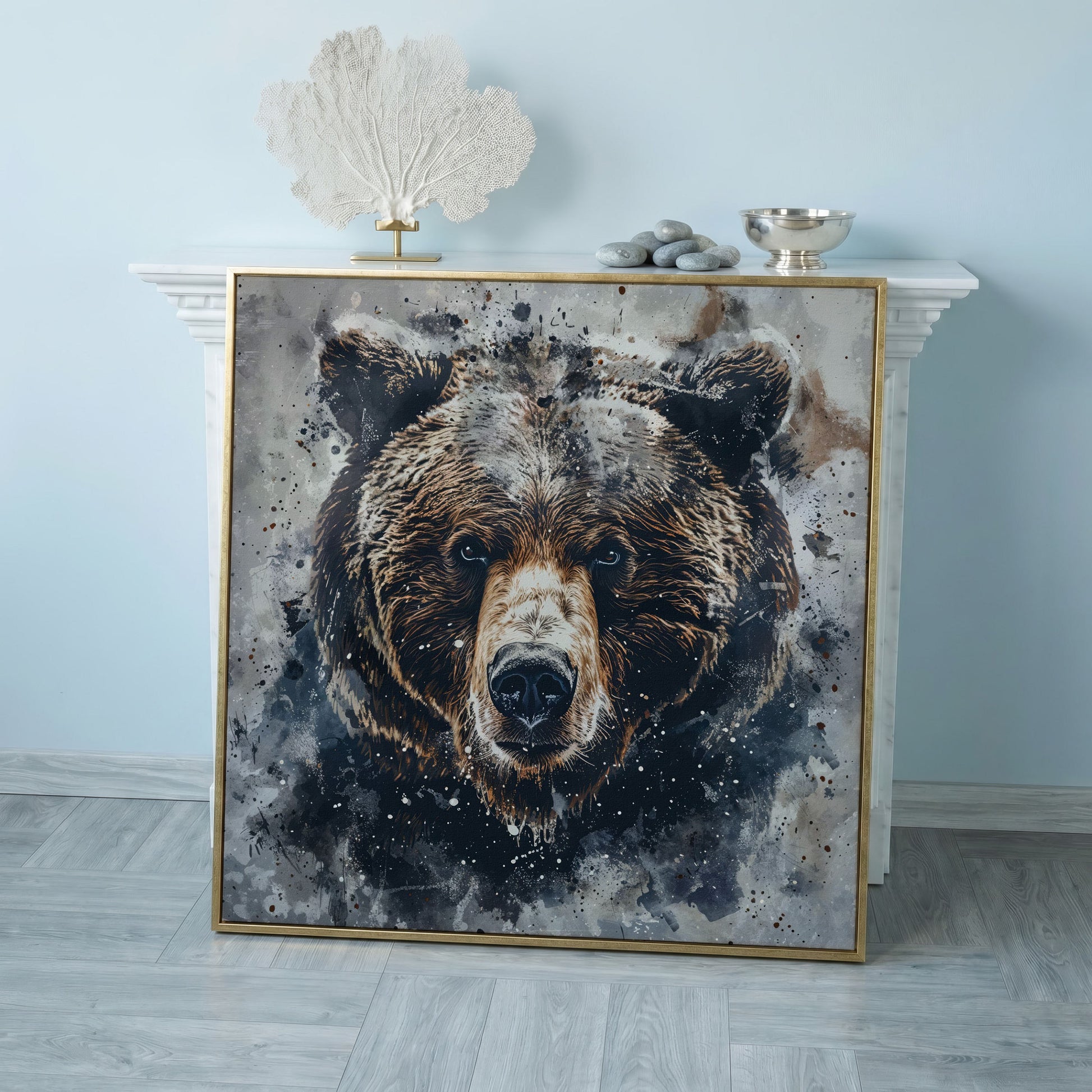 Grizzly Bear Portrait Canvas Print in rose gold floating frame