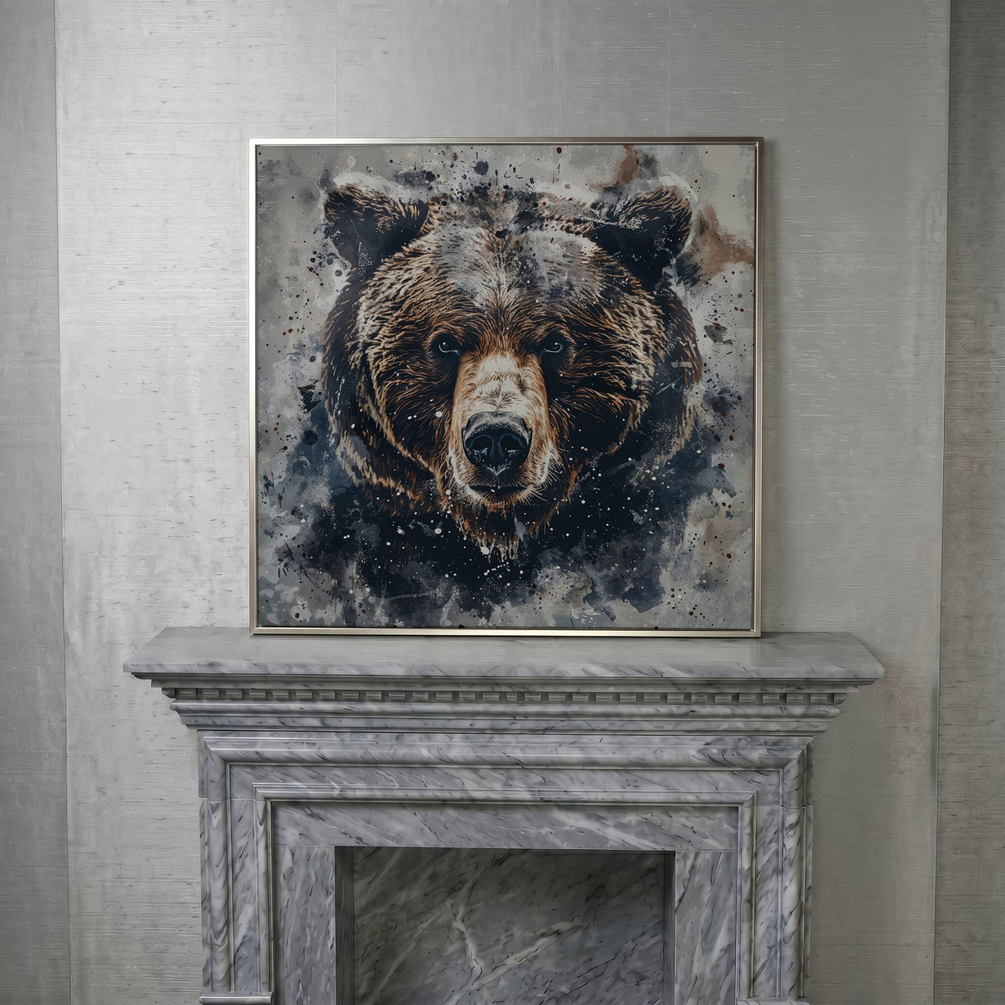 Grizzly Bear Portrait Canvas Print in silver floating frame