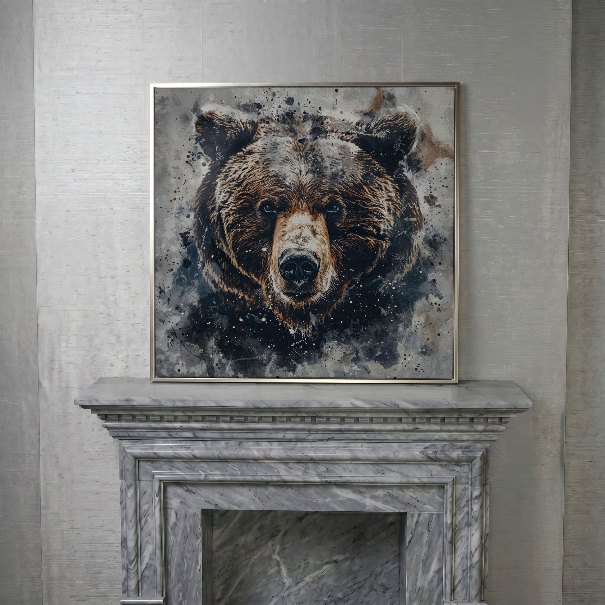 Grizzly Bear Portrait Canvas Print in silver floating frame