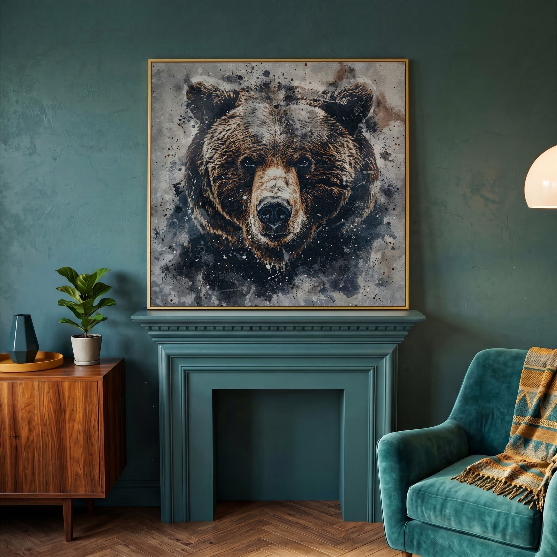Grizzly Bear Portrait Canvas Print in yellow gold floating frame
