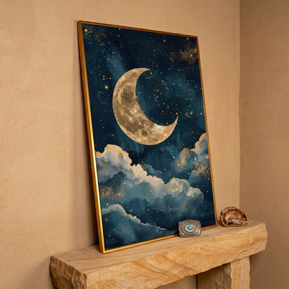 Golden Moon & Starry Night Canvas in antique gold floating frame