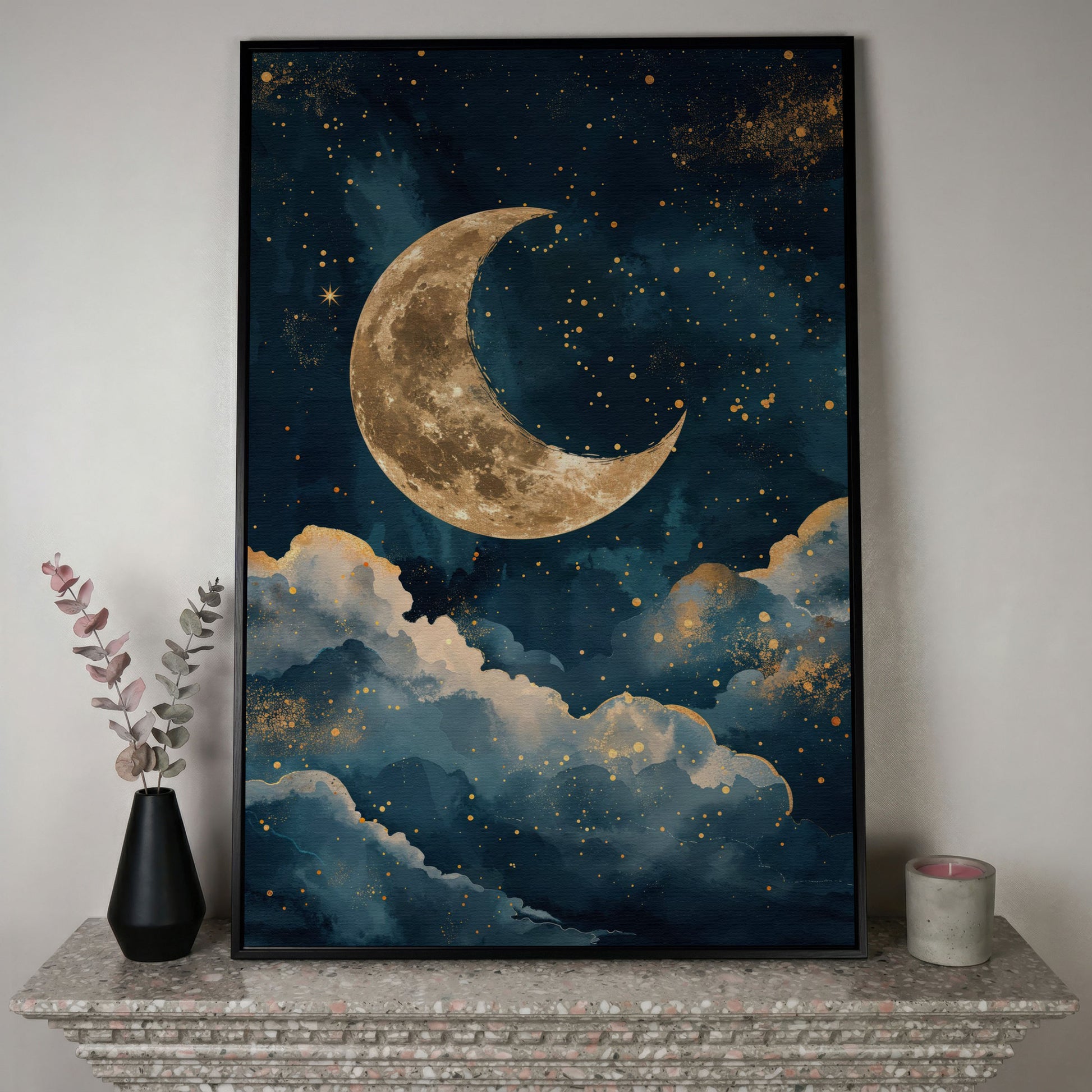 Golden Moon & Starry Night Canvas in black floating frame