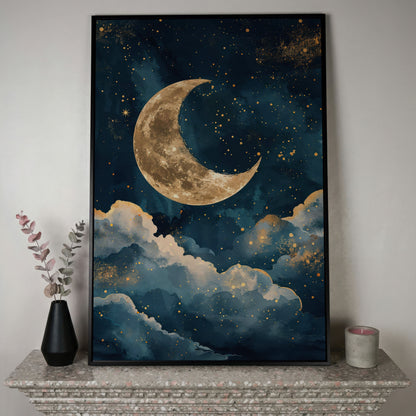 Golden Moon & Starry Night Canvas in black floating frame