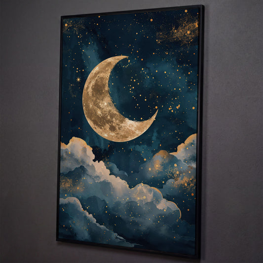 Golden Moon & Starry Night Canvas shown in black floating frame