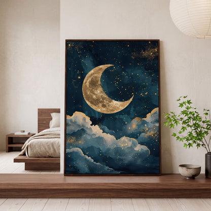 Golden Moon & Starry Night Canvas in dark walnut floating frame