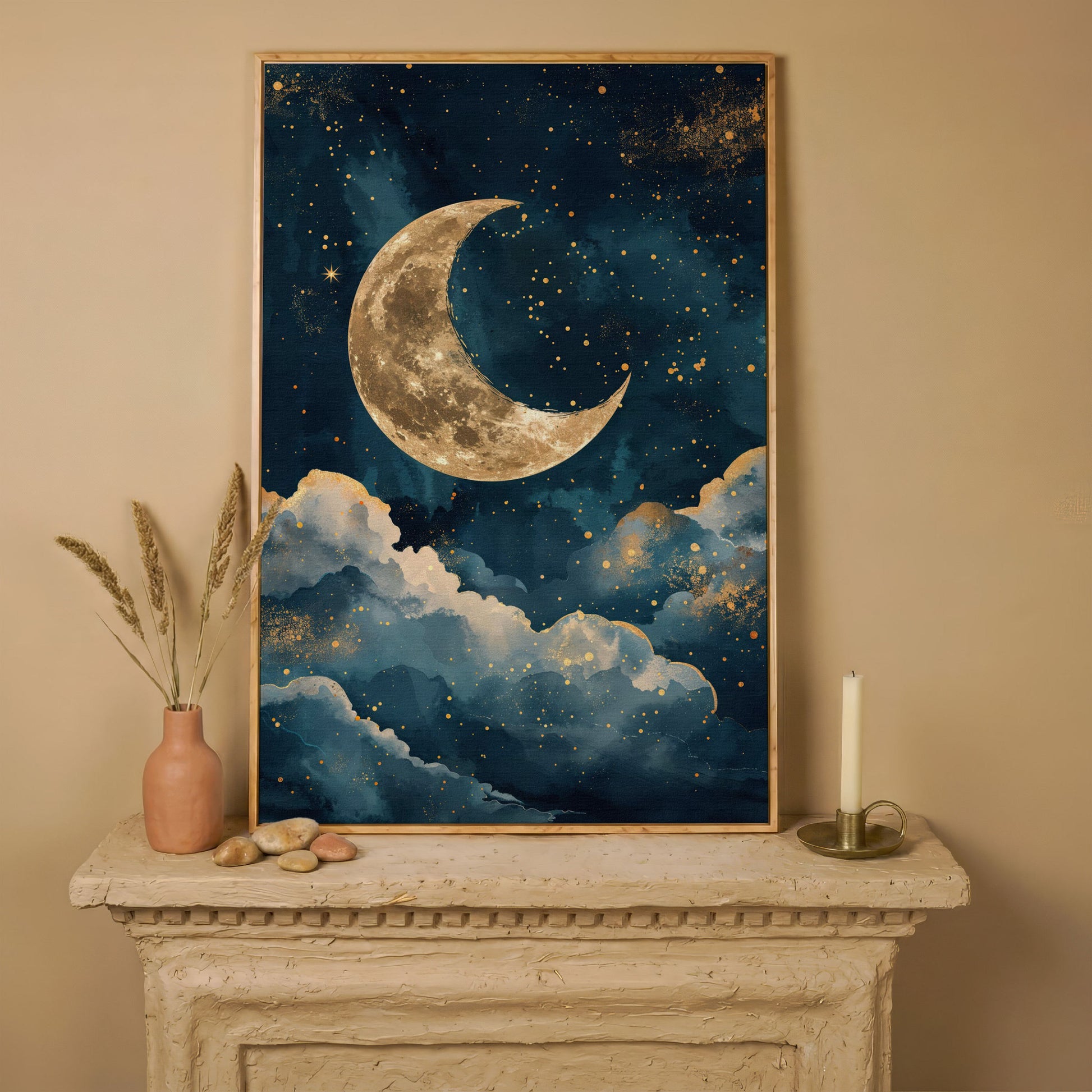 Golden Moon & Starry Night Canvas in white oak floating frame