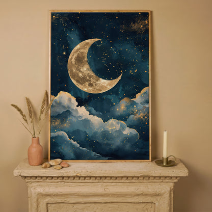 Golden Moon & Starry Night Canvas in white oak floating frame