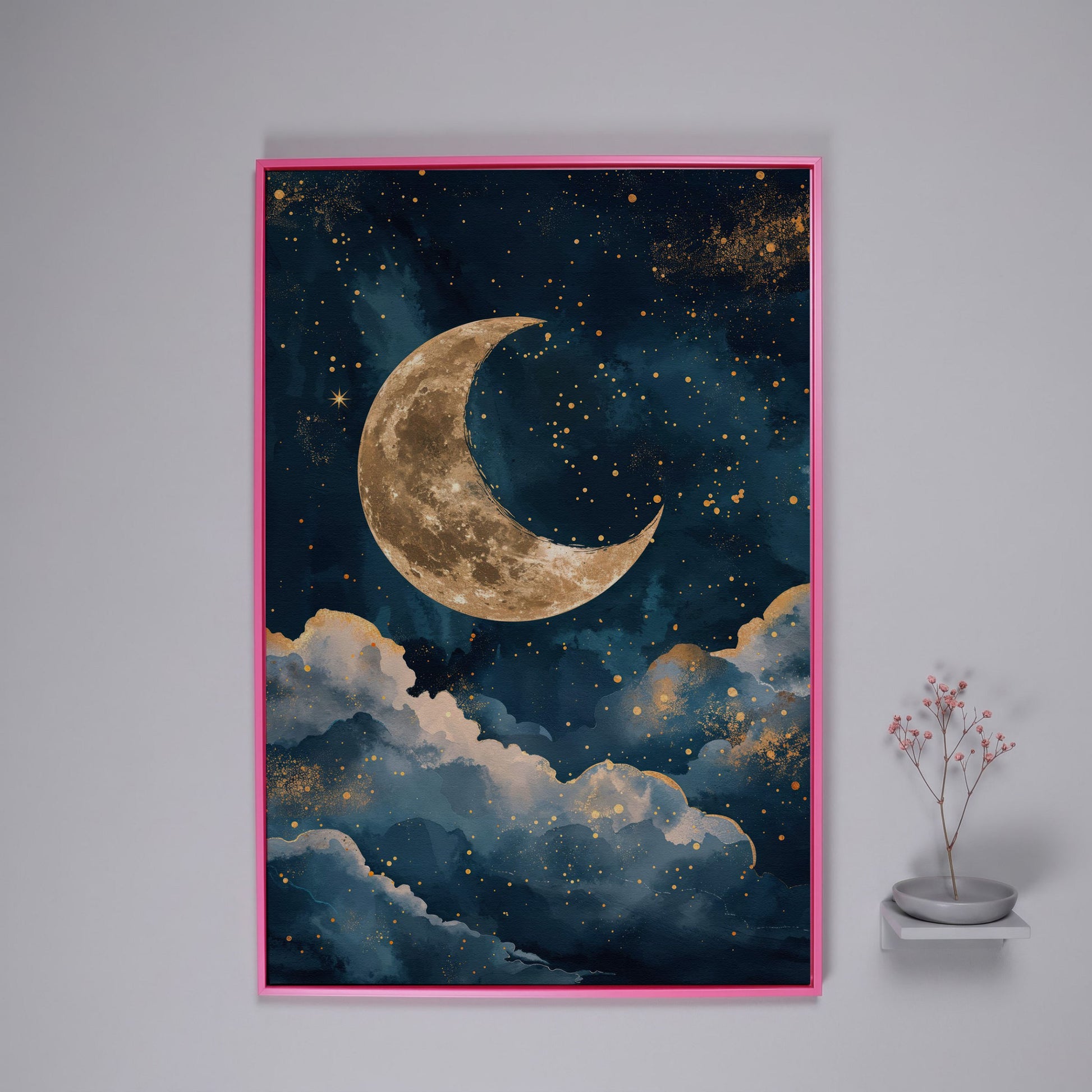 Golden Moon & Starry Night Canvas in pink floating frame