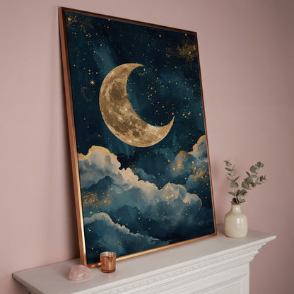 Golden Moon & Starry Night Canvas in rose gold floating frame