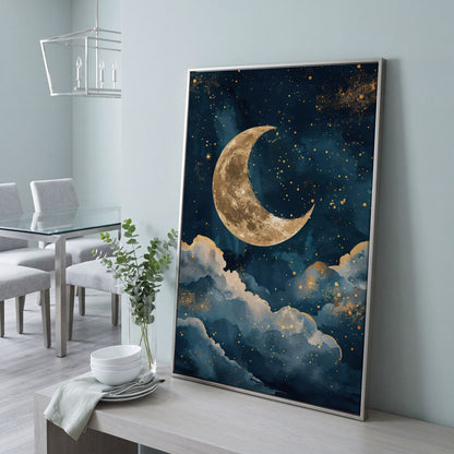 Golden Moon & Starry Night Canvas in silver floating frame