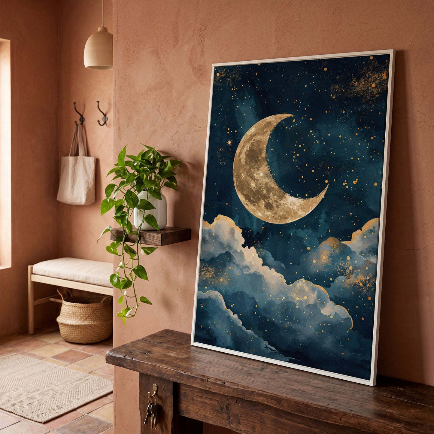 Golden Moon & Starry Night Canvas in white floating frame