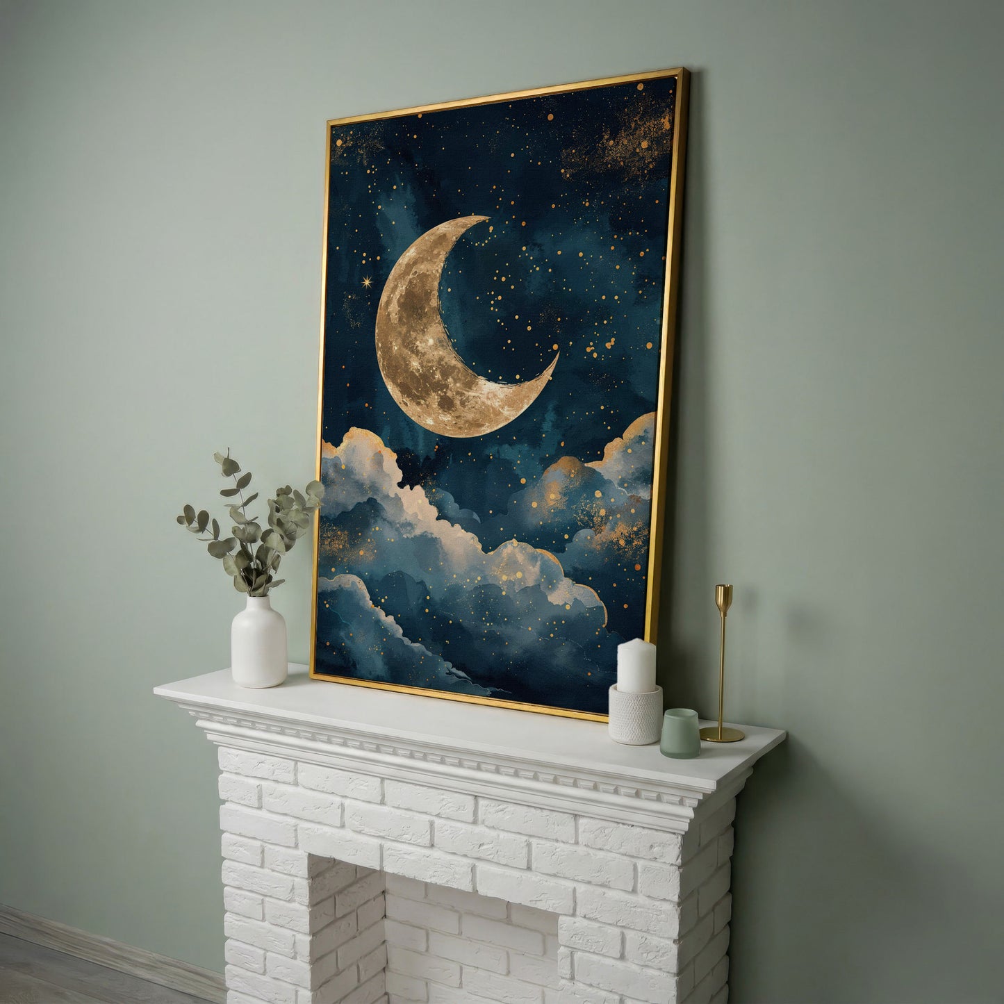 Golden Moon & Starry Night Canvas in yellow gold floating frame