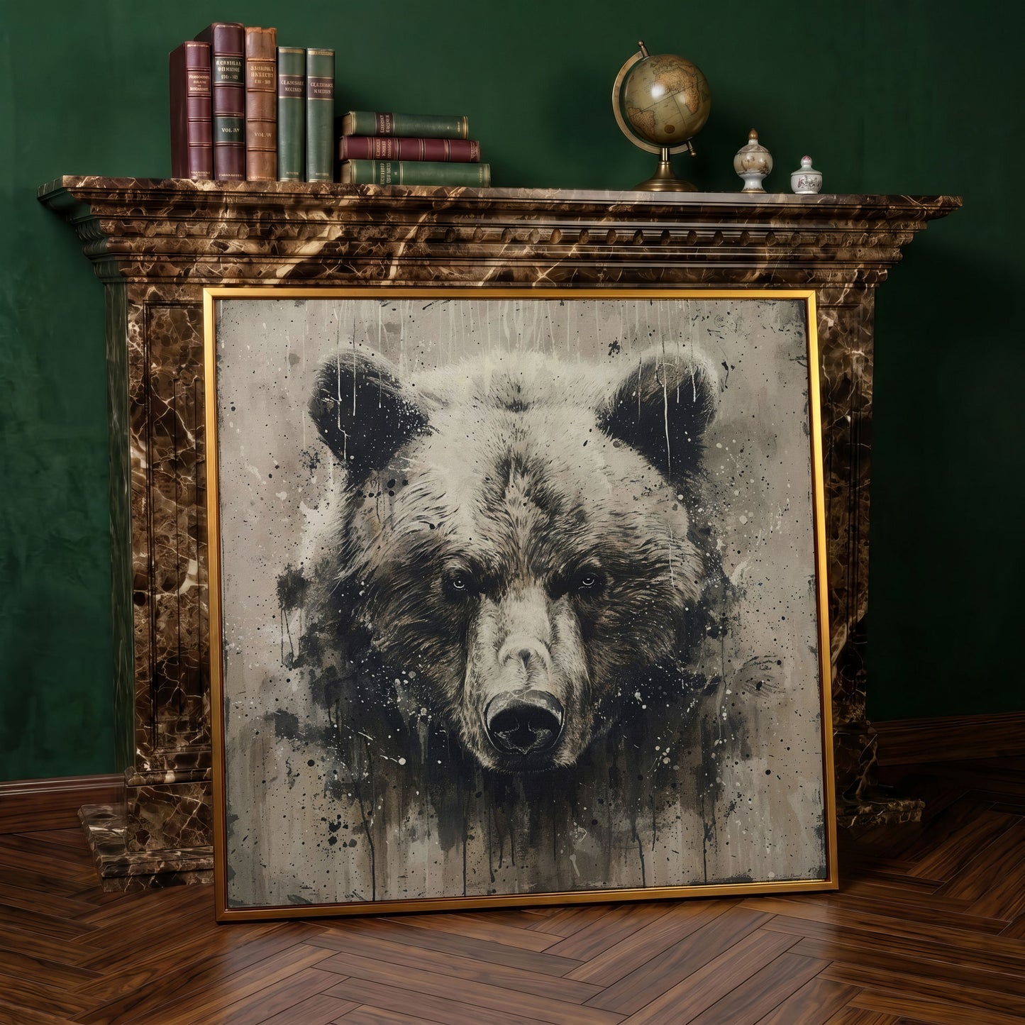 Grizzly Bear Canvas Art, Square 16 to 55 Inches in antique gold floating frame