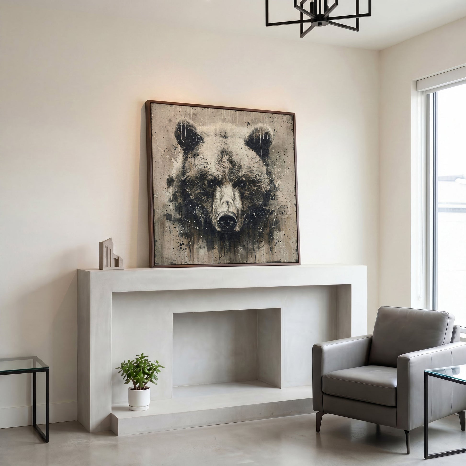 Grizzly Bear Canvas Art, Square 16 to 55 Inches in dark walnut floating frame
