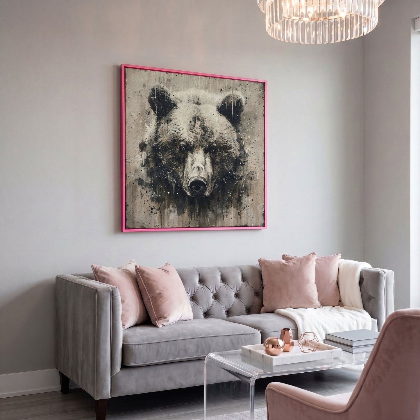 Grizzly Bear Canvas Art, Square 16 to 55 Inches in pink floating frame