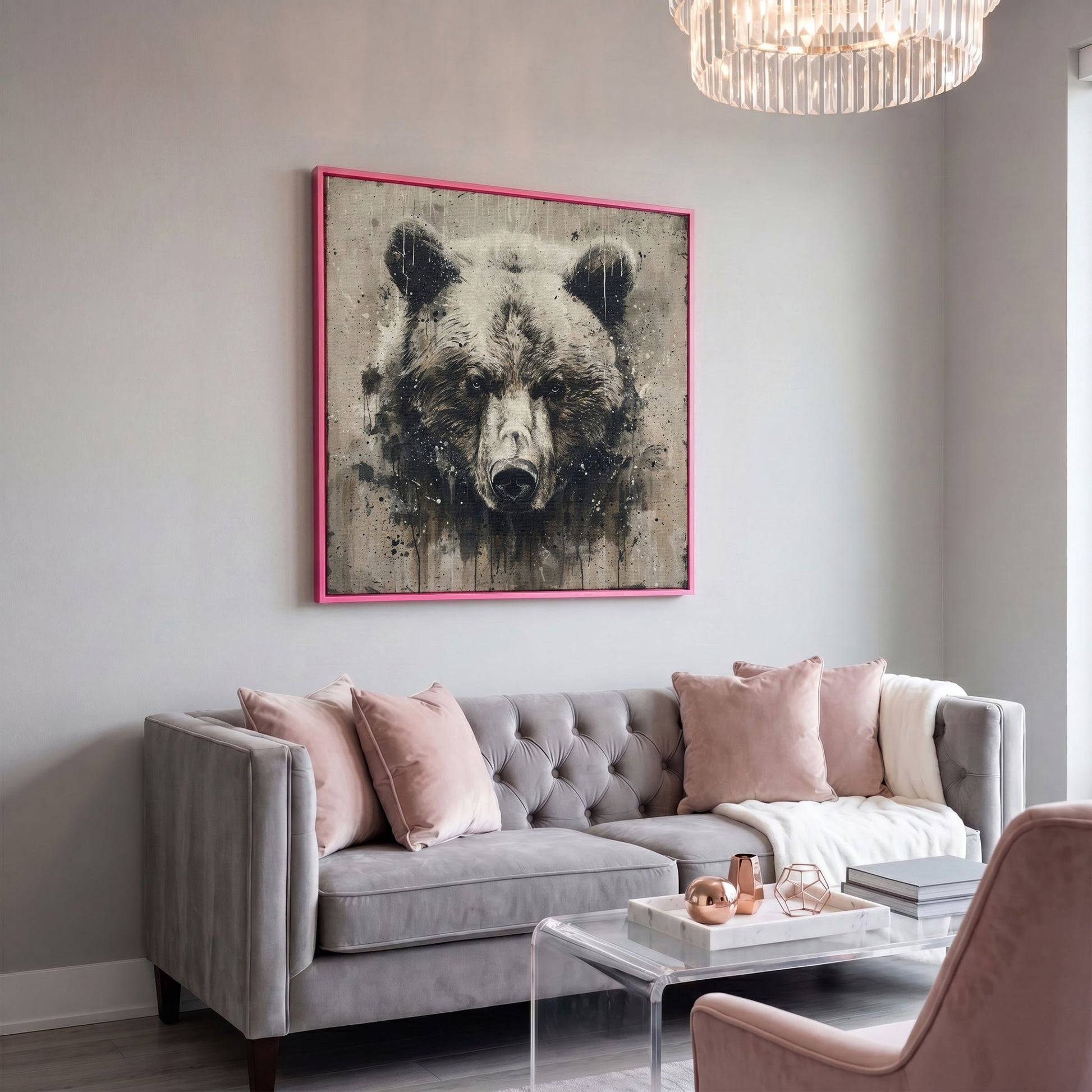 Grizzly Bear Canvas Art, Square 16 to 55 Inches in pink floating frame