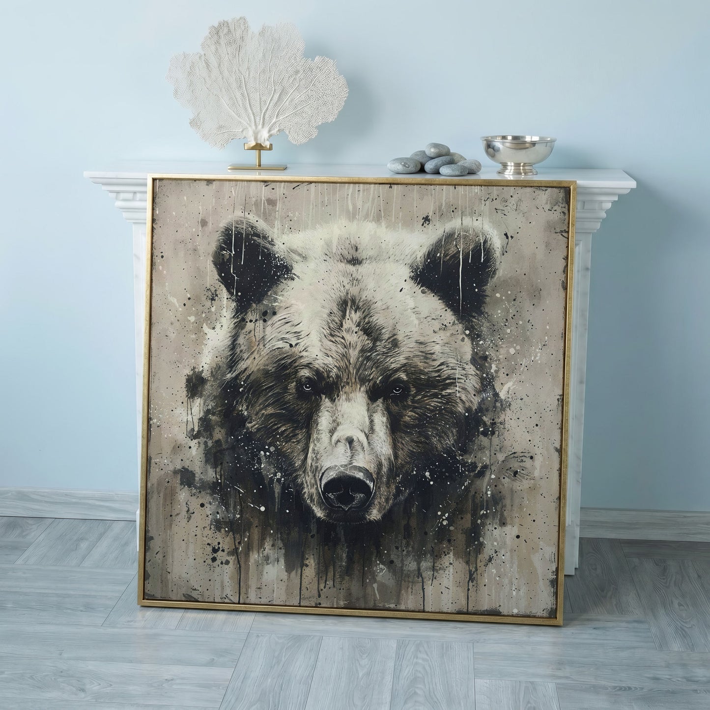 Grizzly Bear Canvas Art, Square 16 to 55 Inches in rose gold floating frame