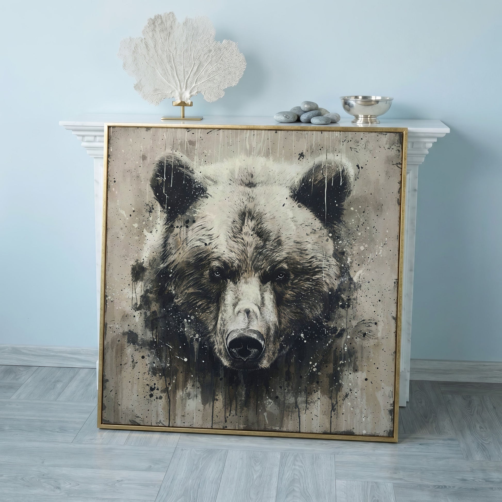 Grizzly Bear Canvas Art, Square 16 to 55 Inches in rose gold floating frame