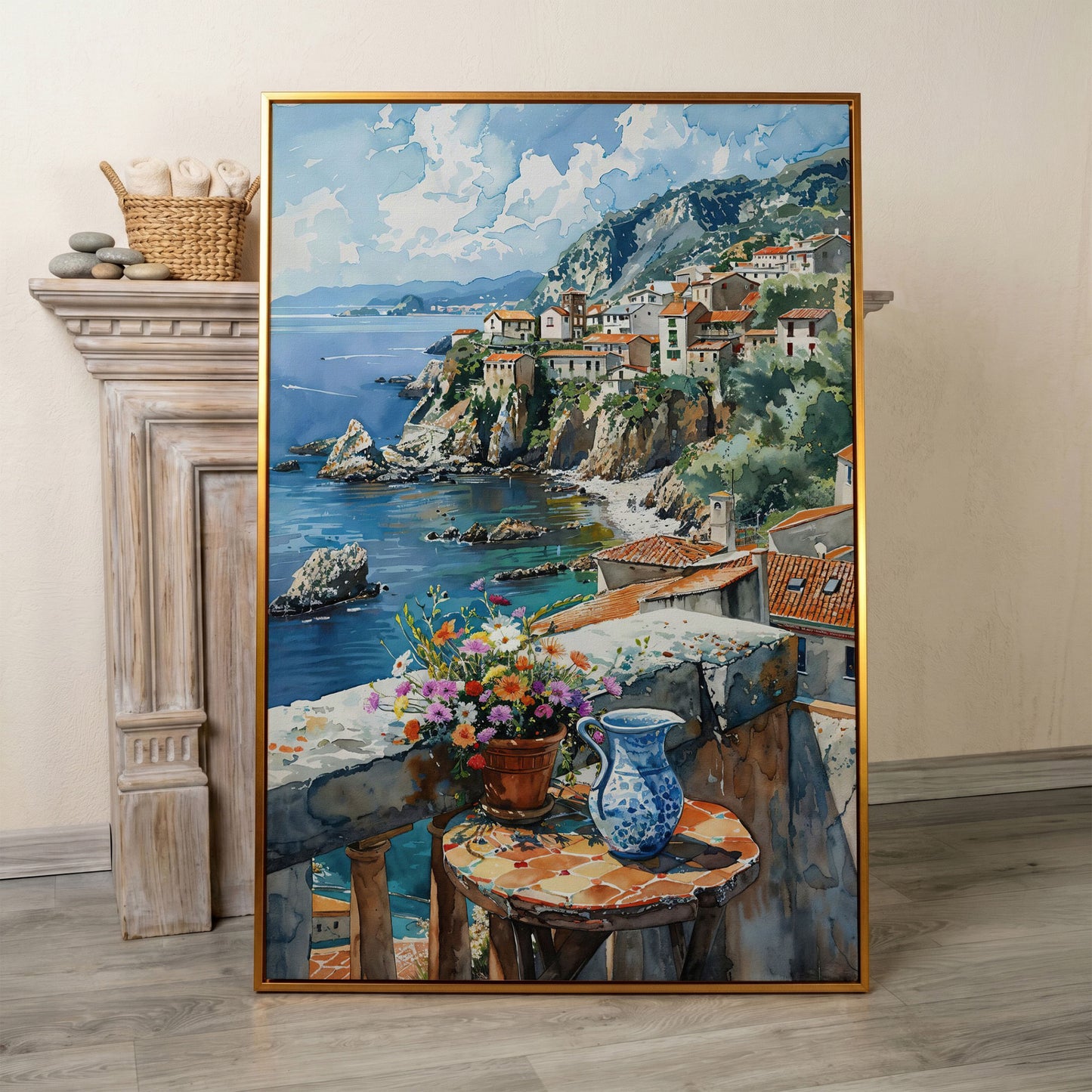 Seaside Balcony Coastal Village Canvas in antique gold floating frame