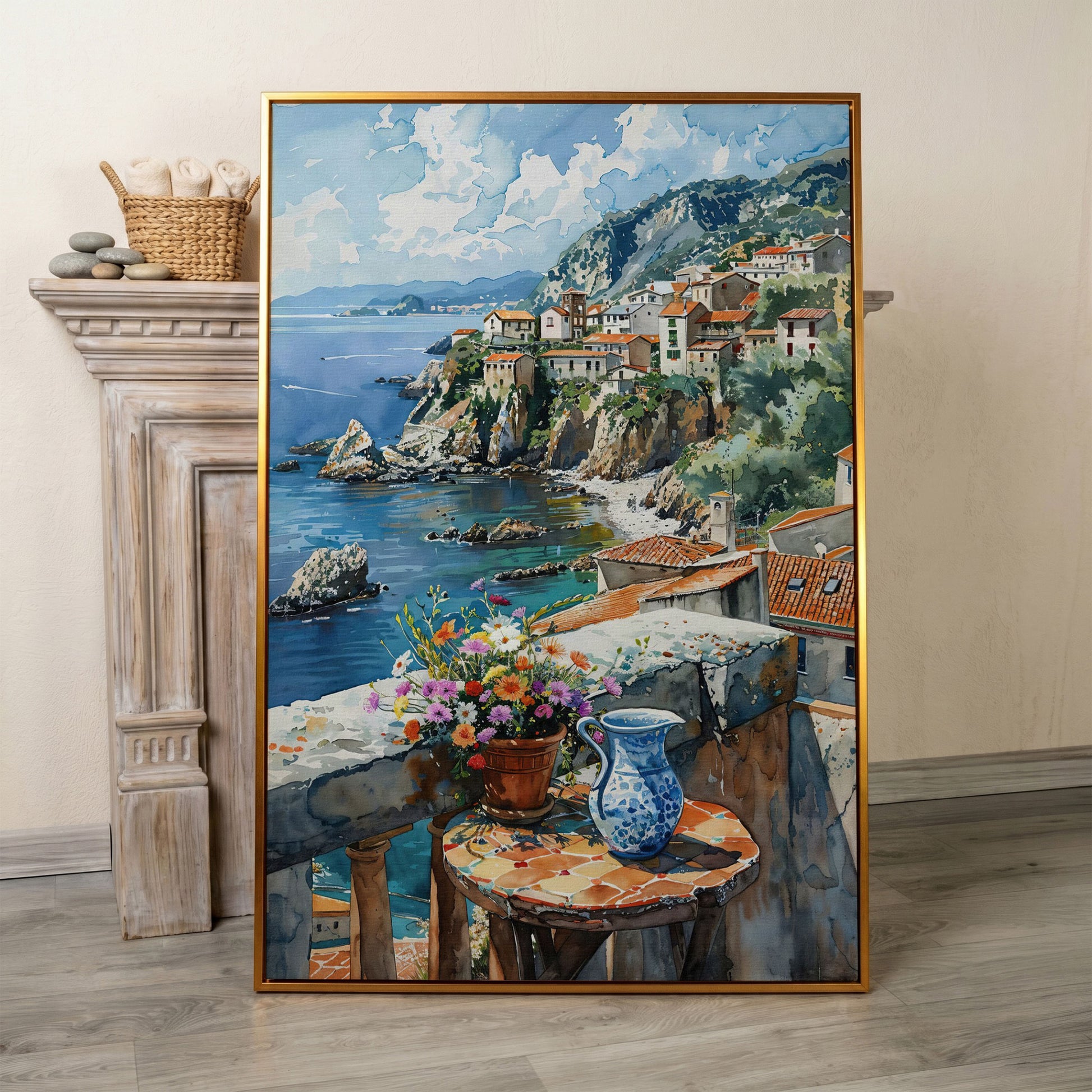 Seaside Balcony Coastal Village Canvas in antique gold floating frame
