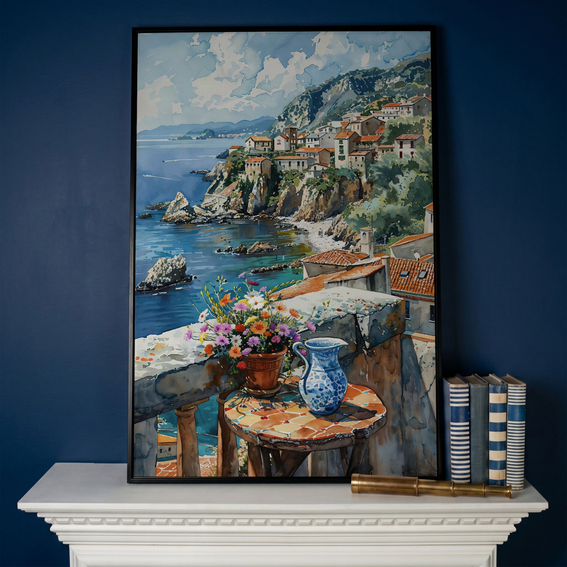 Seaside Balcony Coastal Village Canvas in black floating frame
