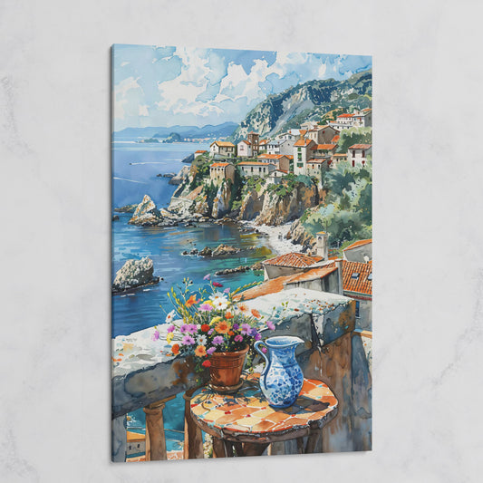 Seaside Balcony Coastal Village Canvas on gallery wrap