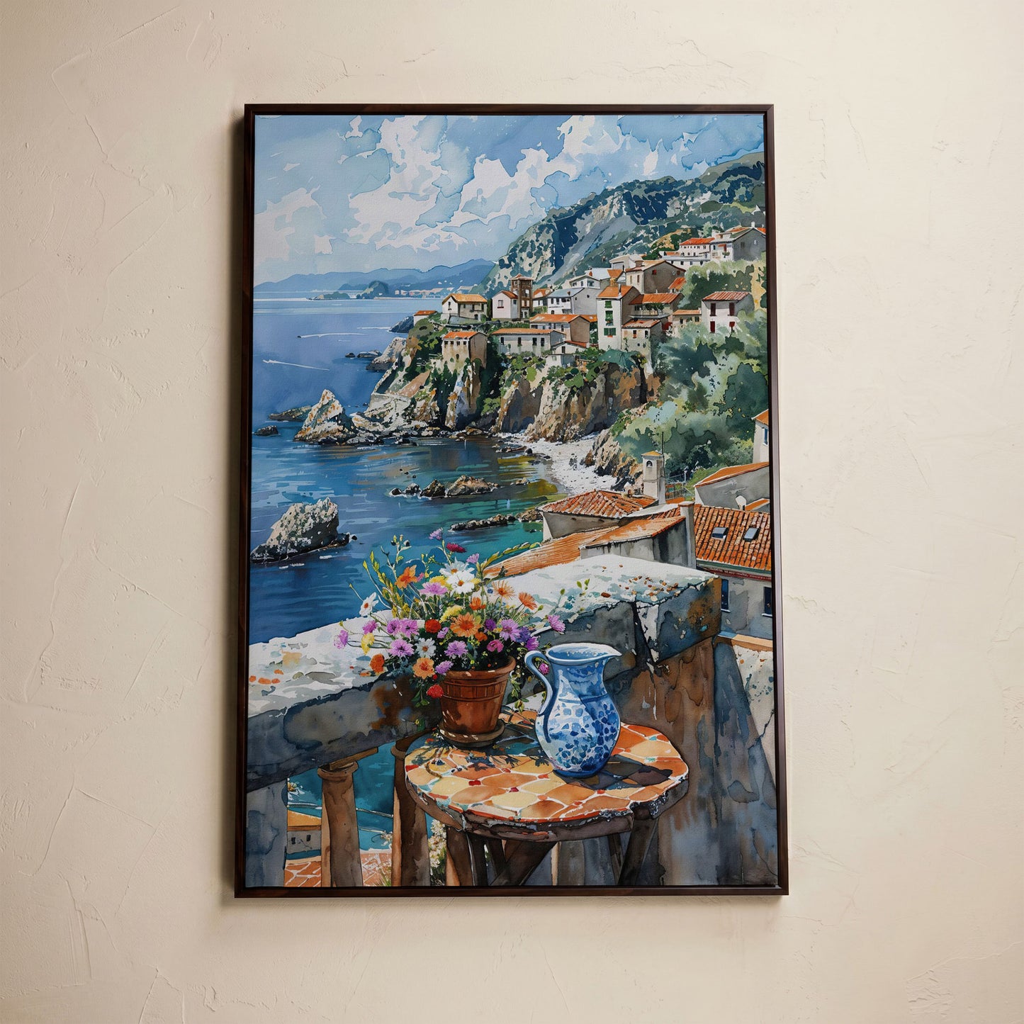 Seaside Balcony Coastal Village Canvas in dark walnut floating frame