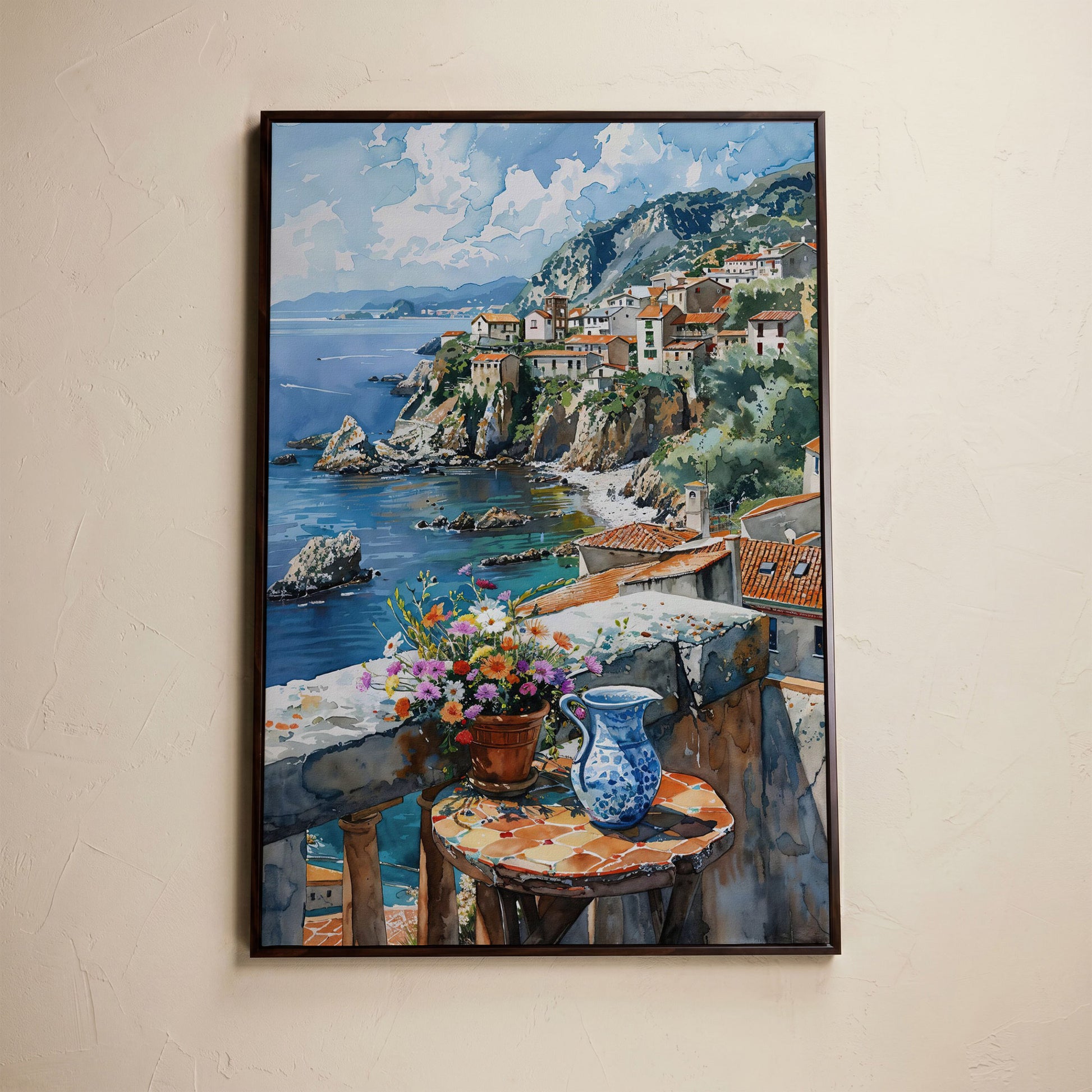 Seaside Balcony Coastal Village Canvas in dark walnut floating frame
