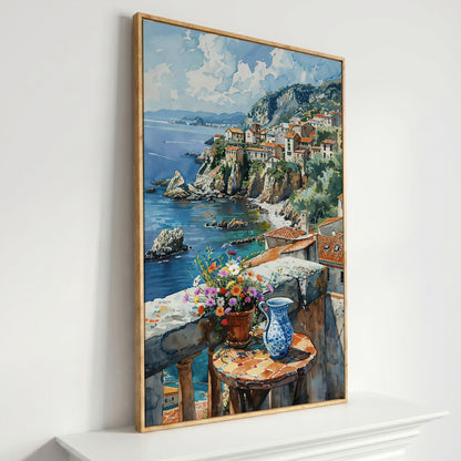 Seaside Balcony Coastal Village Canvas in white oak floating frame