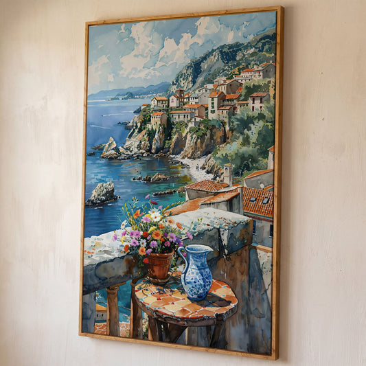 Seaside Balcony Coastal Village Canvas shown in white oak floating frame