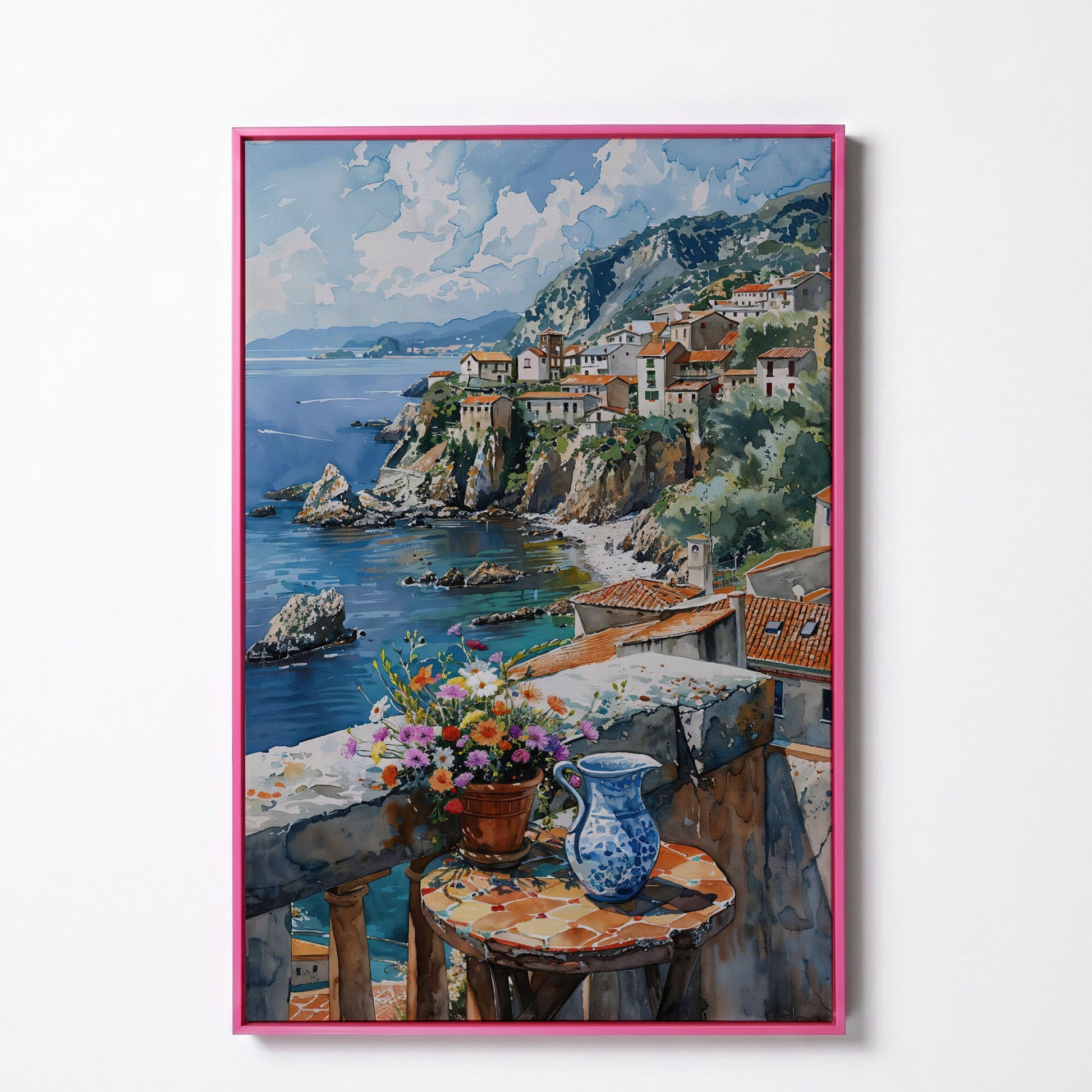Seaside Balcony Coastal Village Canvas in pink floating frame