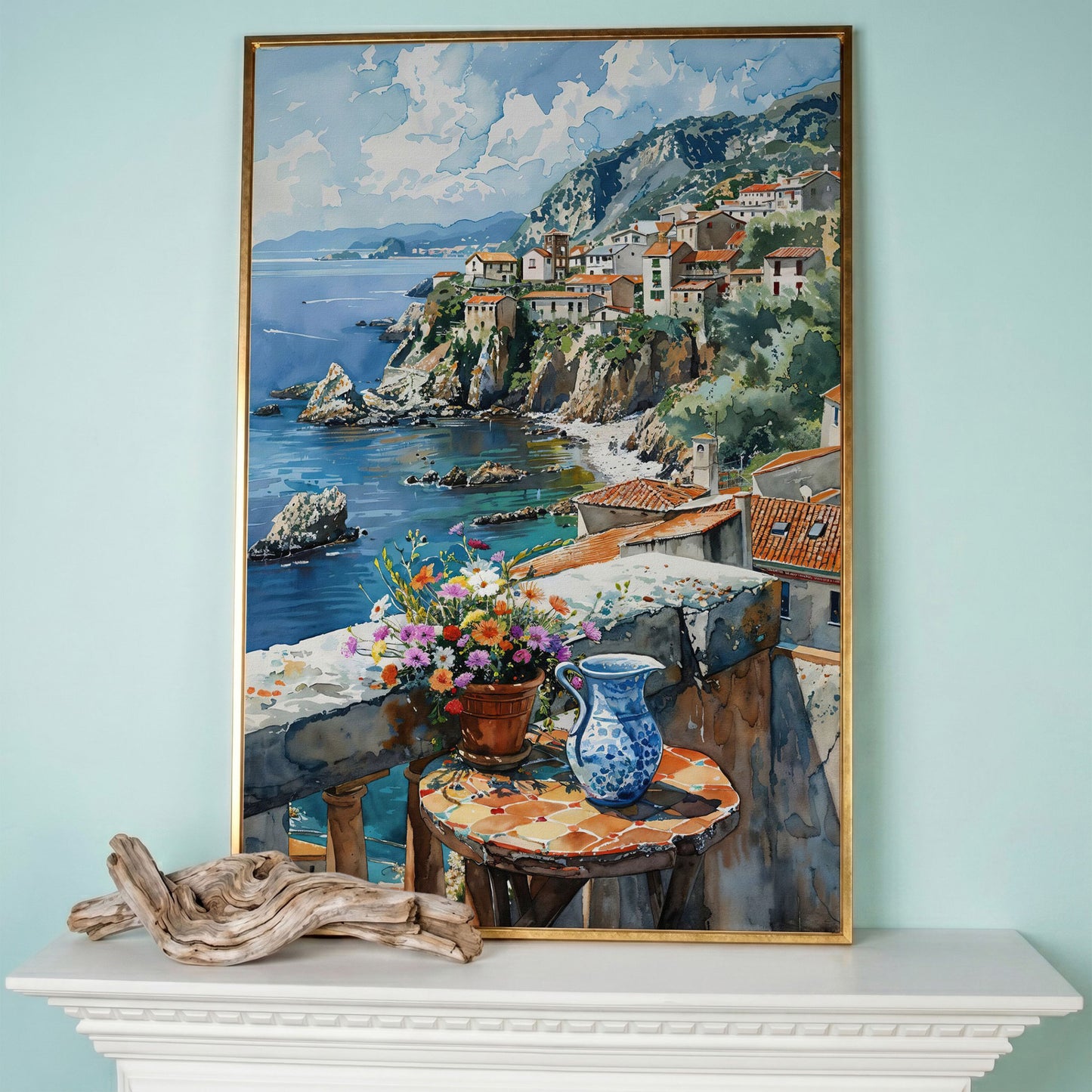 Seaside Balcony Coastal Village Canvas in rose gold floating frame