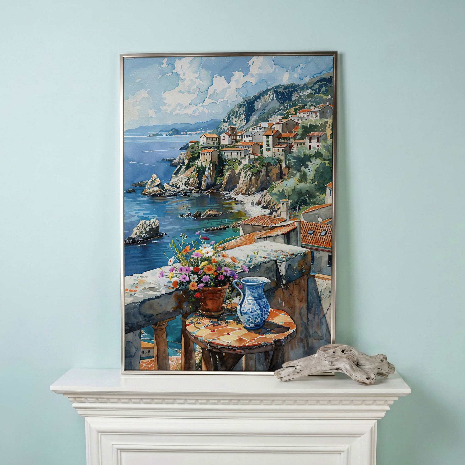 Seaside Balcony Coastal Village Canvas in silver floating frame