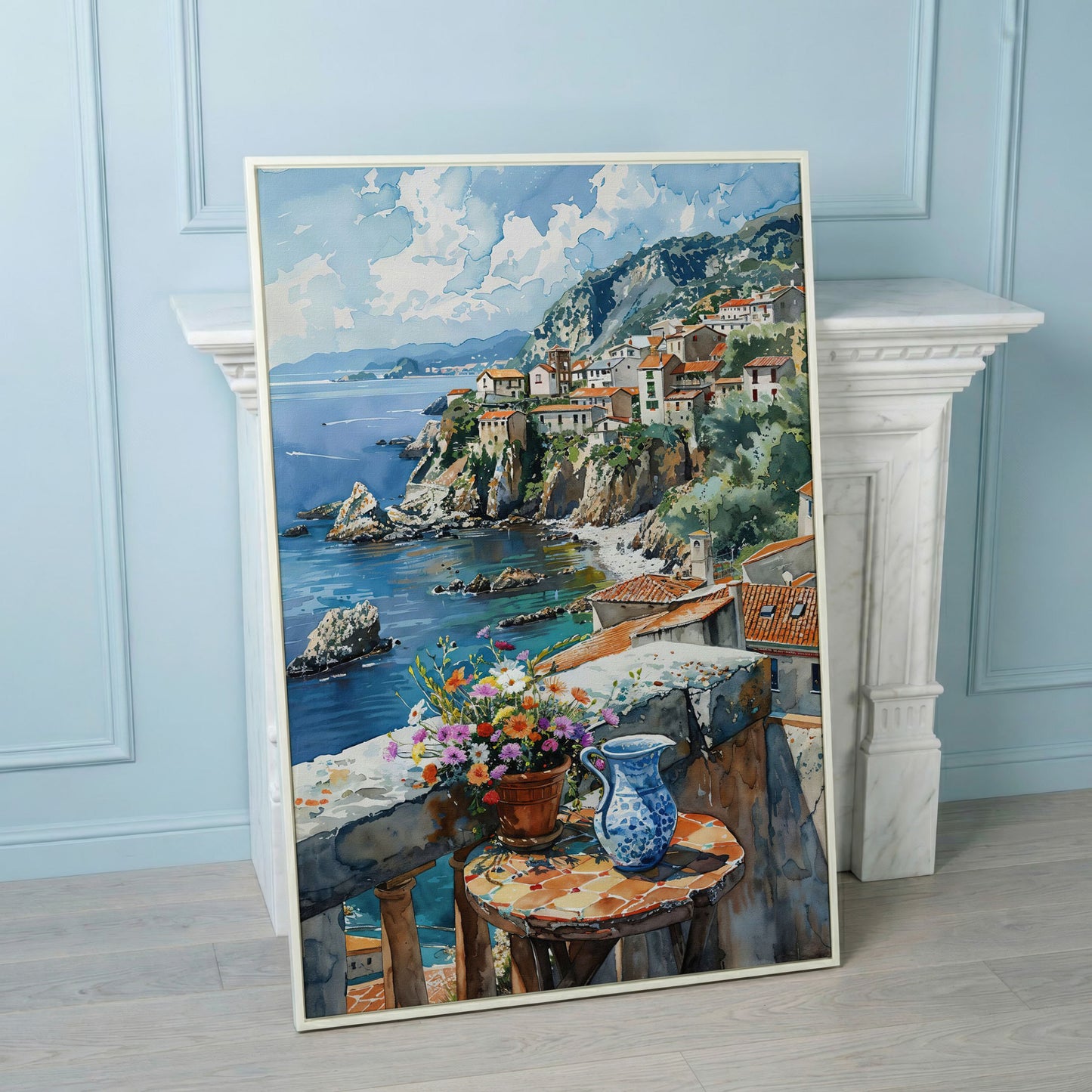Seaside Balcony Coastal Village Canvas in white floating frame