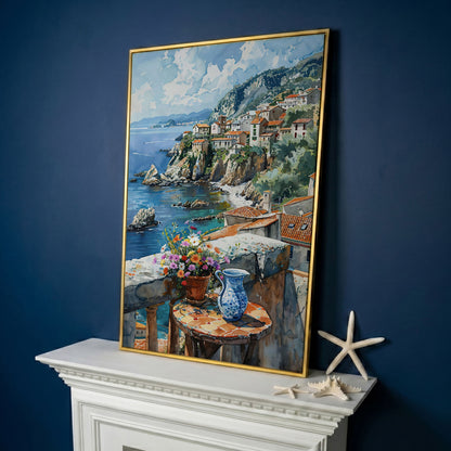 Seaside Balcony Coastal Village Canvas in yellow gold floating frame