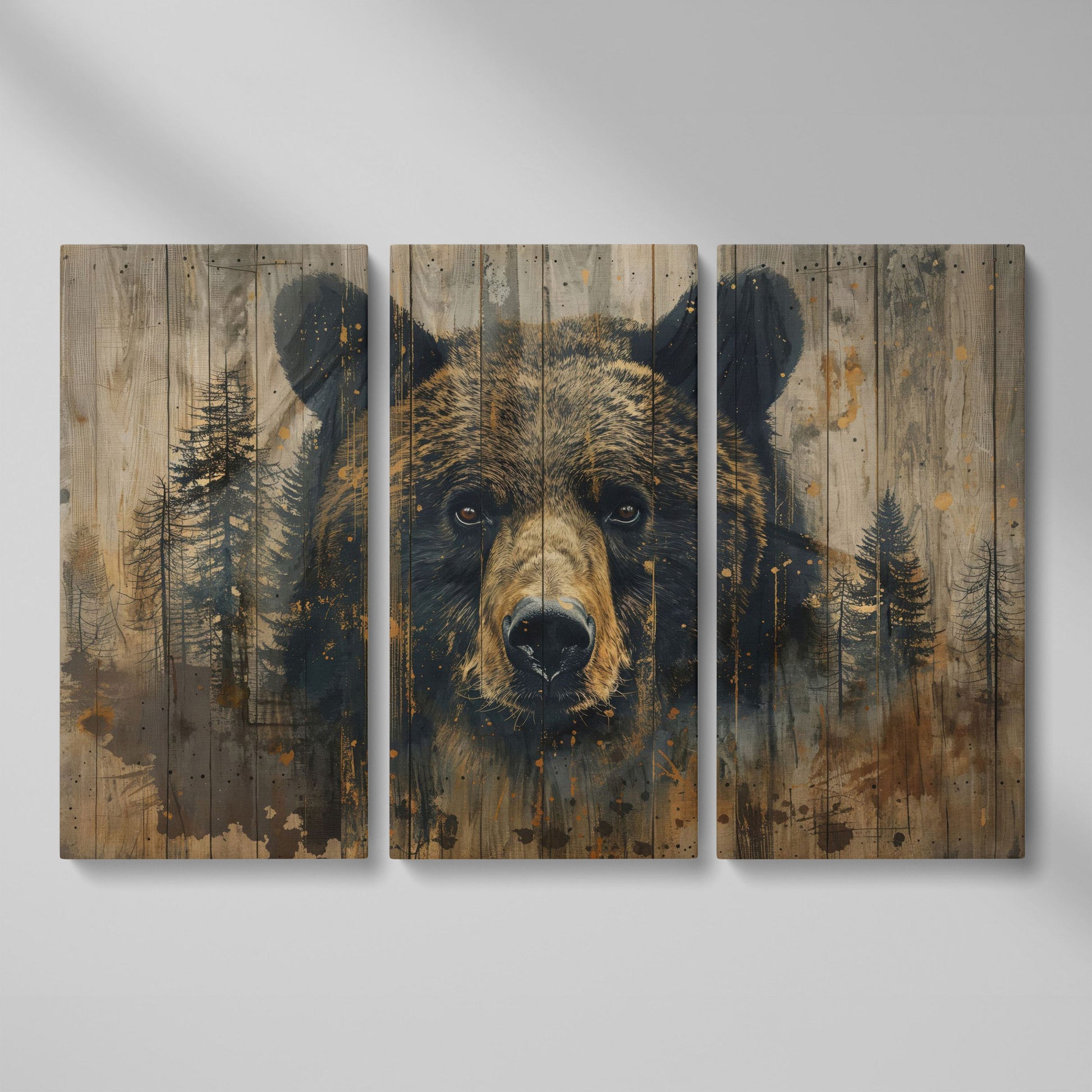 Forest Bear Portrait Canvas as 3-panel split version