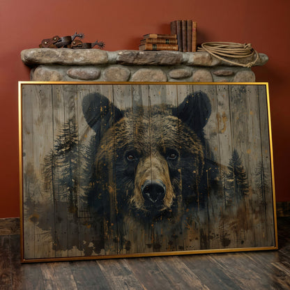 Forest Bear Portrait Canvas in antique gold floating frame