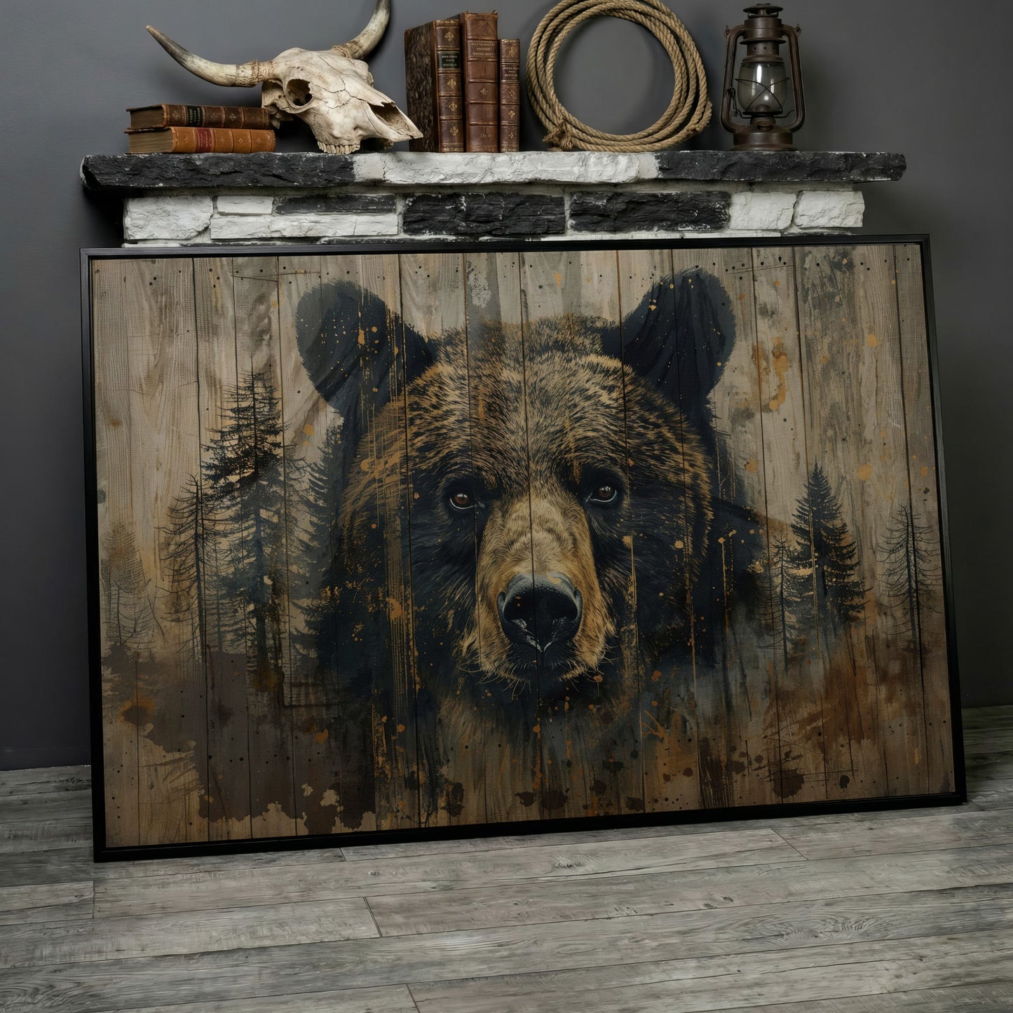 Forest Bear Portrait Canvas in black floating frame