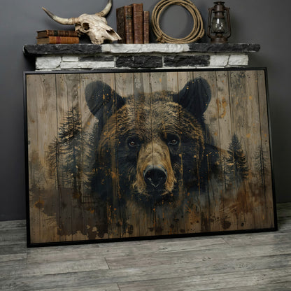 Forest Bear Portrait Canvas in black floating frame