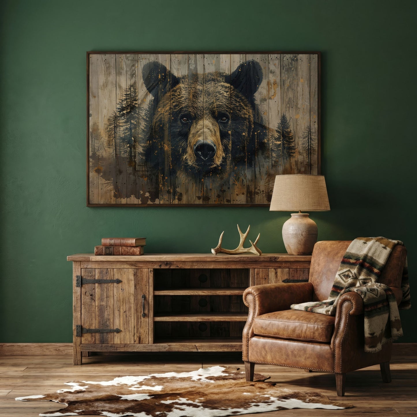 Forest Bear Portrait Canvas in dark walnut floating frame