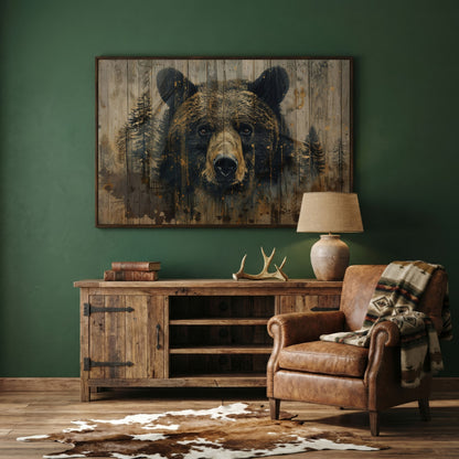 Forest Bear Portrait Canvas in dark walnut floating frame