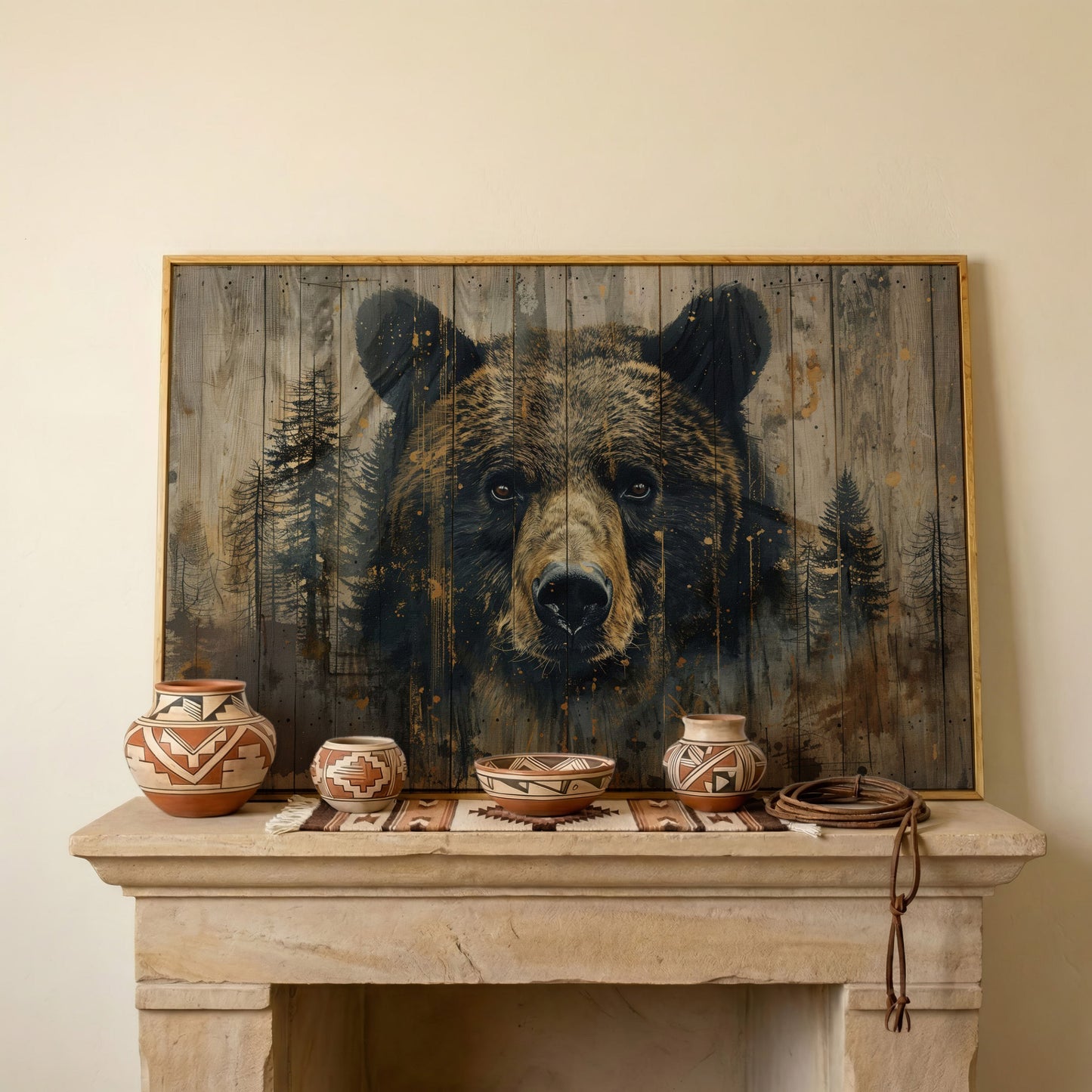 Forest Bear Portrait Canvas in white oak floating frame