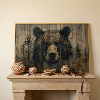 Forest Bear Portrait Canvas in white oak floating frame