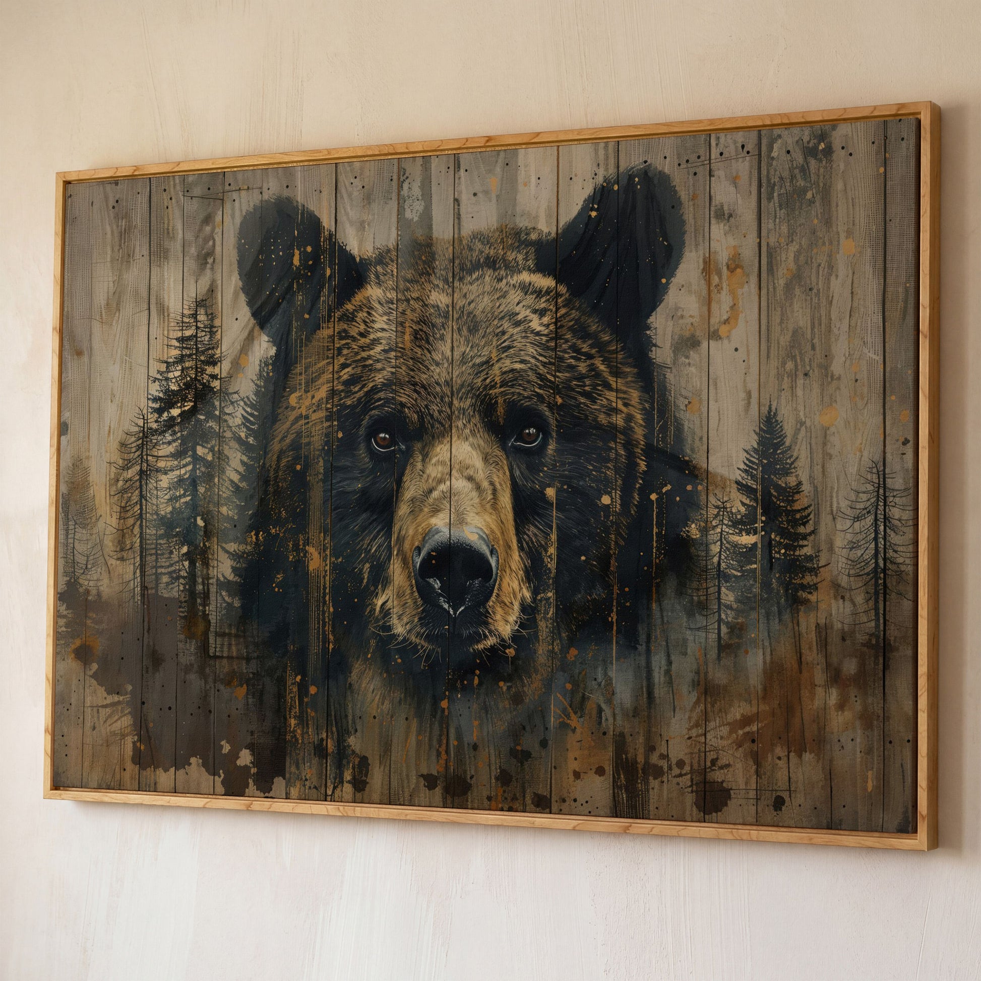 Forest Bear Portrait Canvas shown in white oak floating frame
