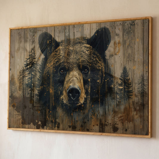 Forest Bear Portrait Canvas shown in white oak floating frame